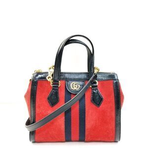 Auth Vtg Gucci Small Red Suede Black Patent Trim Ophidia Satchel 2way Top Handle